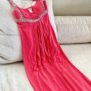Cache Pink Dress Coral Beaded Sequin Silk Maxi Prom Dress Classic Elegance